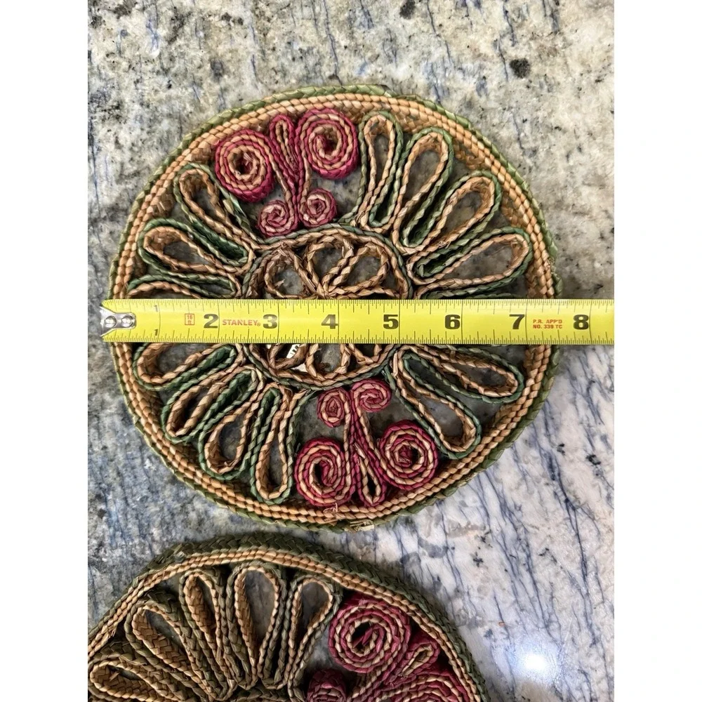 Vintage Raffia Straw Wicker Rattan Trivet Hot Pad Wall Decor Boho Set Of  2